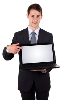Business man pointing at a laptop computer isolated on white