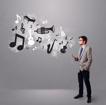 attractive young man singing and listening to music with musical notes and instruments getting out of his mouth