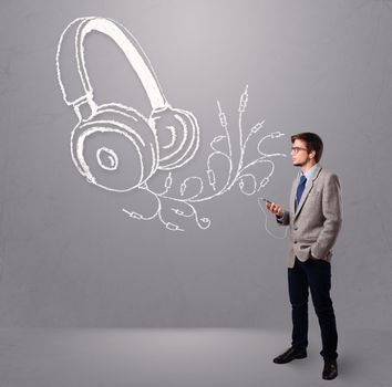 attractive man singing and listening to music with abstract headphone getting out of his mouth