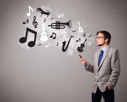 attractive young man singing and listening to music with musical notes and instruments getting out of his mouth