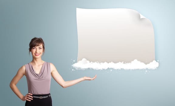 pretty young woman presenting modern copy space on clouds