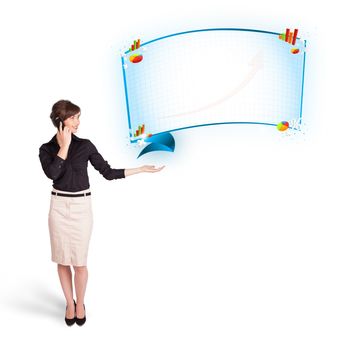 Young woman presenting abstract copy space with graphs and diagrams isolated on white
