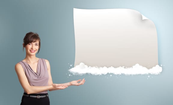 pretty young woman presenting modern copy space on clouds