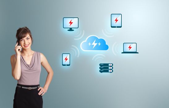 Beautiful young woman making phone call, with cloud computing network