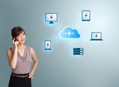 Beautiful young woman making phone call, with cloud computing network