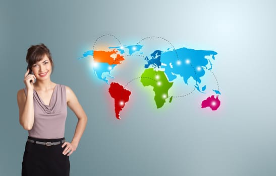 Beautiful young woman making phone call with colorful world map