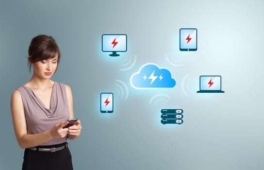 Beautiful young woman holding a phone with cloud computing network