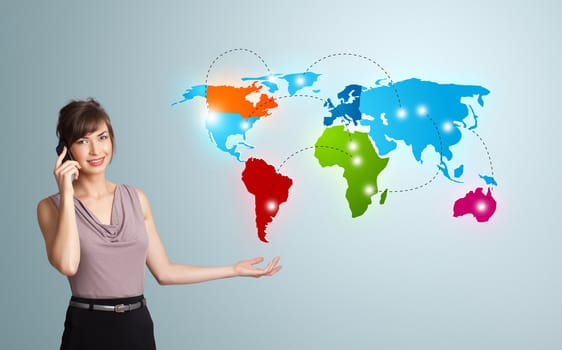 Beautiful young woman making phone call with colorful world map