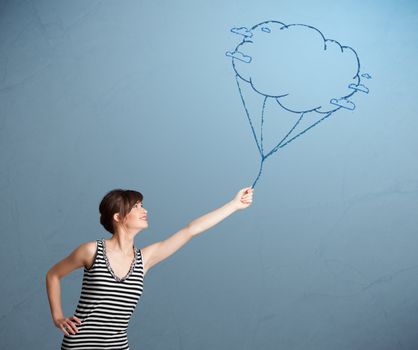 Pretty young lady holding a cloud balloon drawing