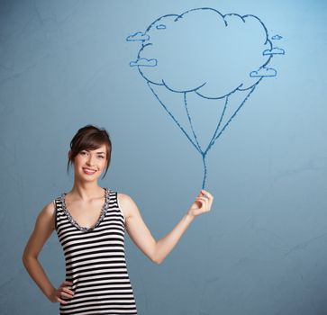 Pretty young lady holding a cloud balloon drawing