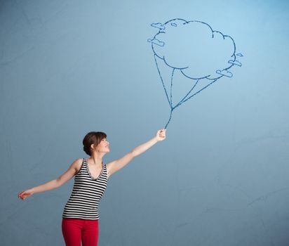 Pretty young lady holding a cloud balloon drawing