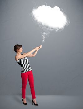 Beautiful young woman holding cloud