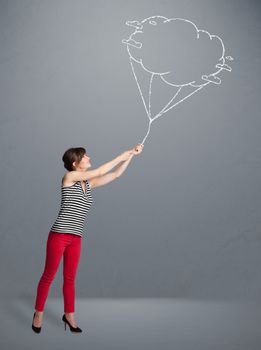 Pretty young lady holding a cloud balloon drawing