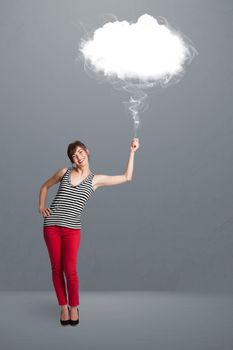 Beautiful young woman holding cloud