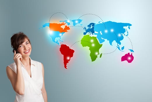 Beautiful young woman making phone call with colorful world map