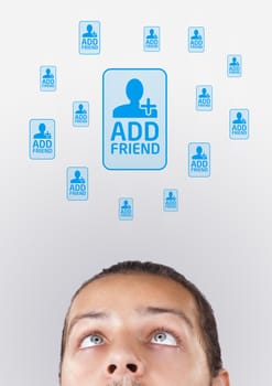 Young persons head looking with gesture at social type of icons and signs