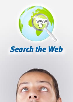 Young persons head looking with gesture at internet type of icons