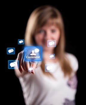Woman pressing socian network icon, background in bokeh