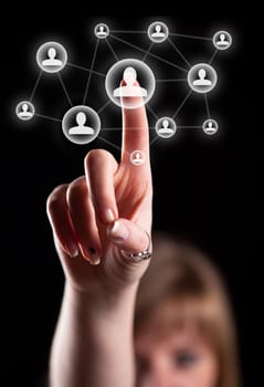 Woman hand pressing social network icon