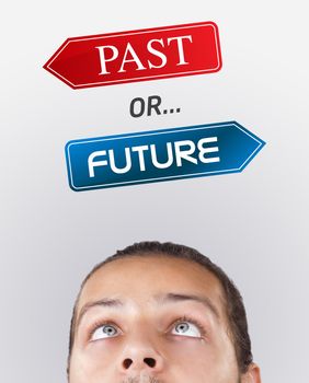 Young persons head looking with gesture at positive negative signs