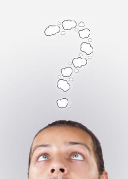 Young persons head looking with gesture at writing marks