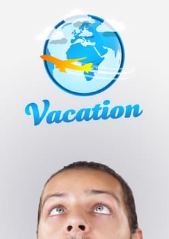 Young persons head looking with gesture at vacation type of sign