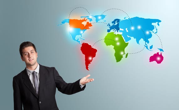 handsome young man presenting colorful world map