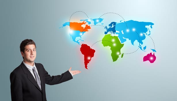 handsome young man presenting colorful world map