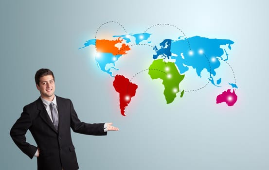 handsome young man presenting colorful world map