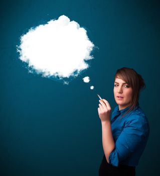 Pretty young woman smoking unhealthy cigarette with dense smoke