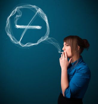 Pretty young lady smoking unheathy cigarette with no smoking sign