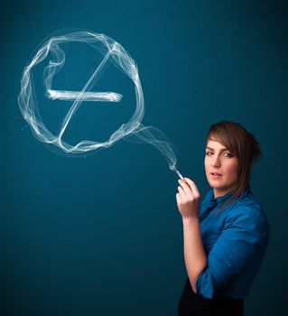 Pretty young lady smoking unheathy cigarette with no smoking sign