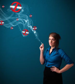 Beautiful young woman smoking dangerous cigarette with no smoking signs