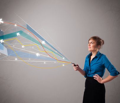 pretty young lady standing and holding a phone with colorful abstract lines and arrows