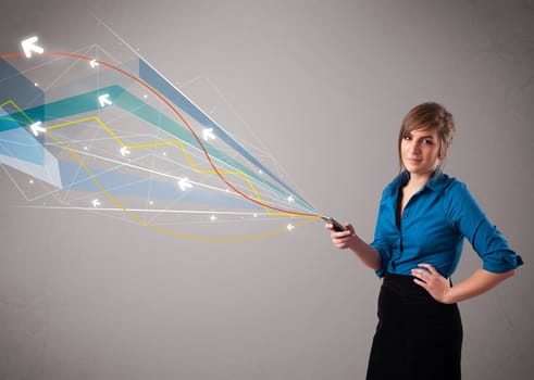 pretty young lady standing and holding a phone with colorful abstract lines and arrows