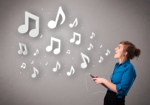 Pretty young woman singing and listening to music with musical notes getting out of her mouth