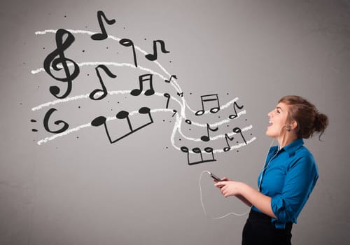 attractive young lady singing and listening to music with musical notes getting out of her mouth