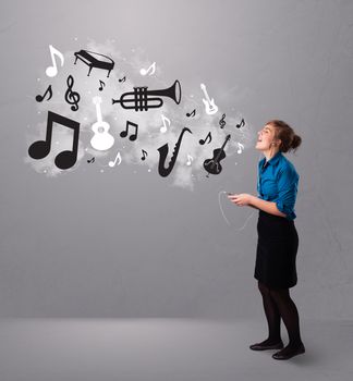 Beautiful young woman singing and listening to music with musical notes and instruments getting out of her mouth