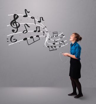 attractive young lady singing and listening to music with musical notes getting out of her mouth