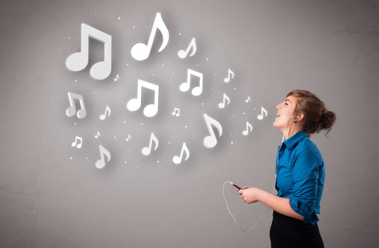 Pretty young woman singing and listening to music with musical notes getting out of her mouth