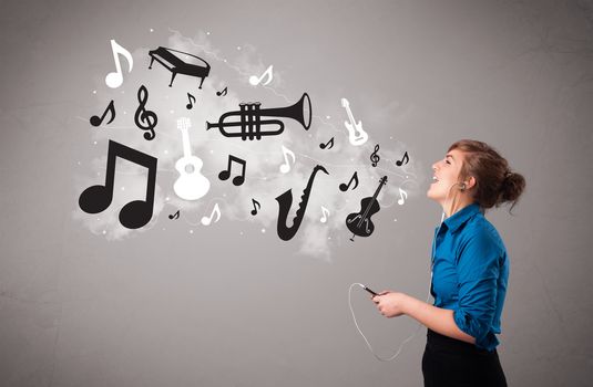 Beautiful young woman singing and listening to music with musical notes and instruments getting out of her mouth