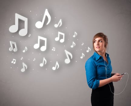 Pretty young woman singing and listening to music with musical notes getting out of her mouth