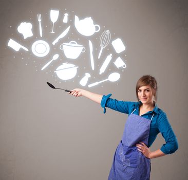 Pretty young lady with kitchen accessories icons