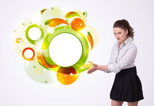 Young business woman presenting abstract copyspace on bright background