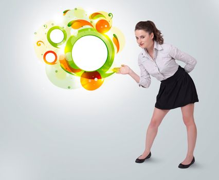 Young business woman presenting abstract copyspace on bright background