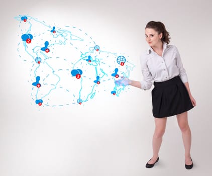 Young business woman presenting social map on bright background