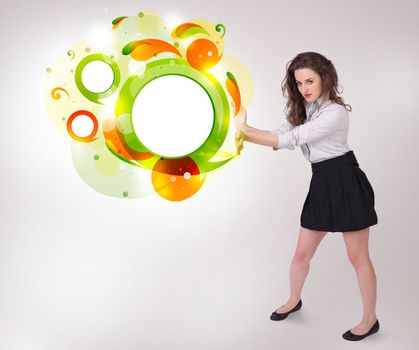 Young business woman presenting abstract copyspace on bright background