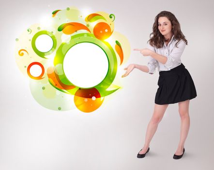 Young business woman presenting abstract copyspace on bright background