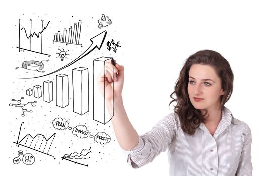 Young business woman drawing various diagrams on whiteboard