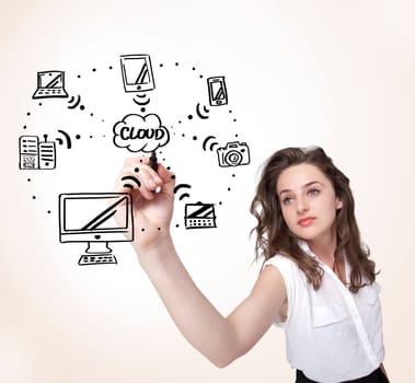 Young woman drawing a cloud computing on white whiteboard